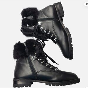 Rebecca Minkoff Jaylin Real Mink Fur-Trimmed Black Lace Up Leather Boots Sz 6.5M